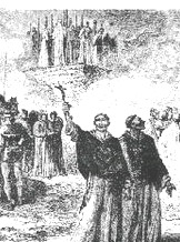 Während die Ketzer brennen, erheben die Herren der Kirche ihr Kruzifix